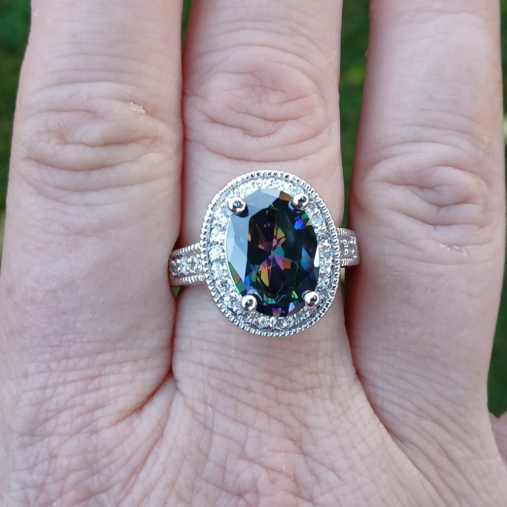 New Halo Oval Mystic Topaz & CZ 925 Silver Ring. - Picture 9 of 16